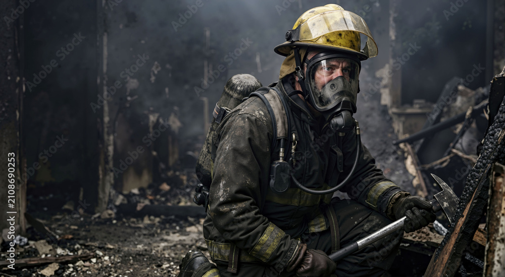 Fototapeta premium Firefighter wearing a breathing apparatus mask in a smoky burned building. First responder crouching with a rescue tool in a destroyed interior