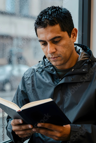 Man reading a book by a win...