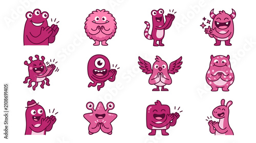 Playful pink monster and alien character icon set.