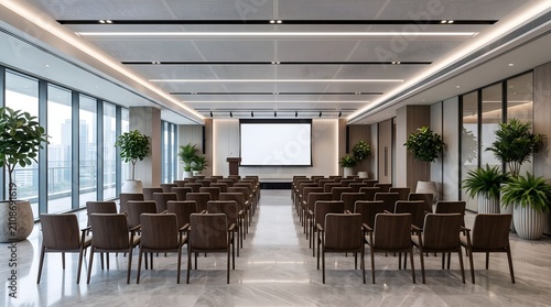 Conference room with rows of wooden chairs and a projection screen