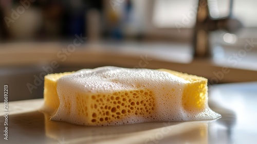 Close-up of a yellow cleaning sponge covered in soapy foam, sitting on a kitchen counter.