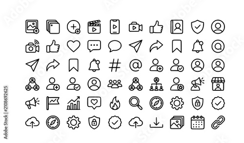 Foto Social Media Thin Line Icon Set with Post Chat Video Business and Communication