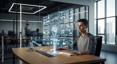 Young Male Engineer Working with AI Holographic Display in Modern Office Environment