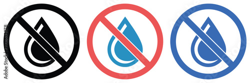 Water restriction icon with no water drop prohibition signs and safety warnings