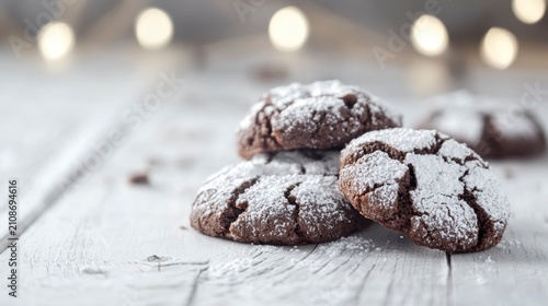 Delicious chocolate cookies with powdered sugar on a white wooden table.