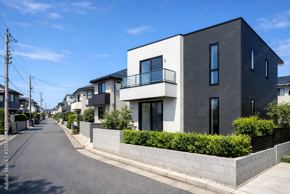 Fototapeta premium 現代的なデザインの新築戸建住宅が続く住宅街