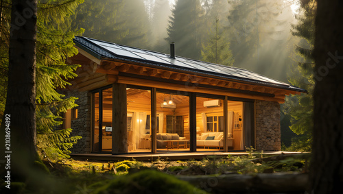 Wooden cabin with stone facade and large glass windows nestled in a lush forest setting