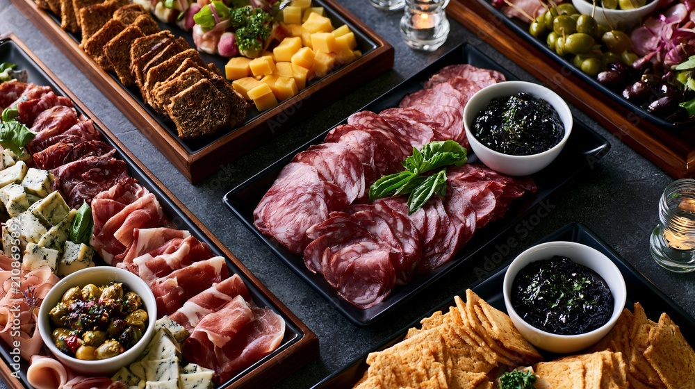 Fototapeta premium A modern asymmetrical arrangement with serving platters partially extending beyond the frame creating dynamic commercial tension