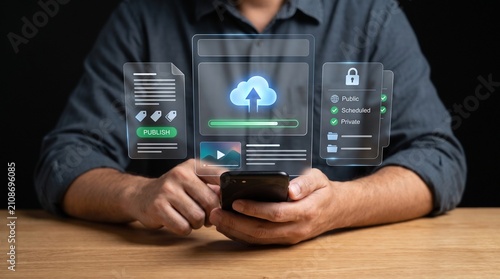 Obraz na płótnie Person using mobile phone for cloud data synchronization and digital file management with synchronization management interface holographic connection transfer wireless information computing