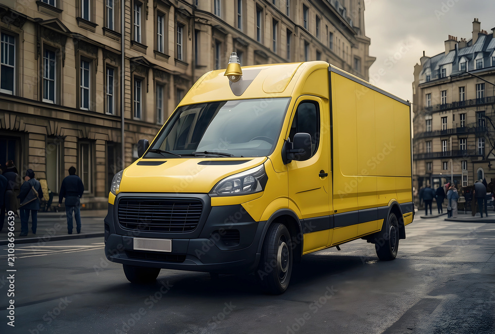 Fototapeta premium Yellow delivery van with a roof-mounted sensor driving on a city street with historic buildings and pedestrians