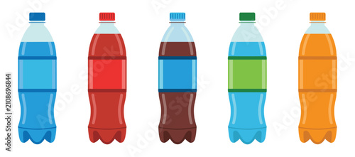 Konstfotografi Assorted Drink Bottles: A lineup of five plastic bottles filled with colorful beverages, offering a variety of refreshing choices for every taste