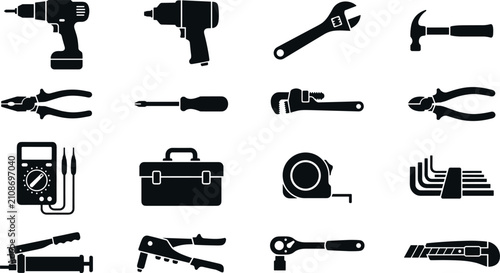 Industrial hardware tools glyph icon set featuring electric drill hammer wrench pliers toolbox and tape measure for construction workshop and renovation designs