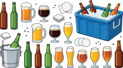 Foto Beer and Cold Beverage Vector Set with Bottles Glasses Ice Box Metal Bucket and