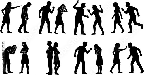 Diverse arguing couples shouting and fighting poses vector silhouette collection