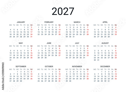 2027 year English calendar. Classical, minimalistic, simple design. White background. Vector Illustration. Week starts from Monday.