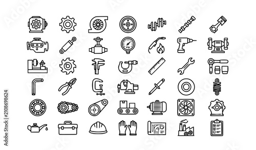 Bild auf Leinwand Industrial Engineering Outline Icon Collection with Mechanical Equipment and Wor