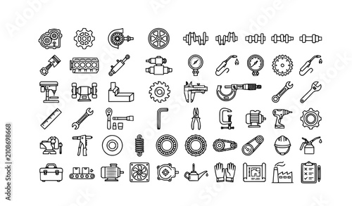 Foto Mechanical Parts and Engineering Tool Line Icon Set with Industrial Machinery Co