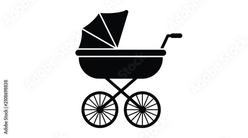 Simple black vector illustration of a vintage baby carriage featuring large wheels and folding hood