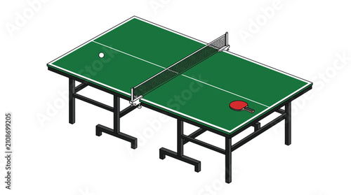 Isometric vector illustration of a green ping pong table with a paddle and small ball