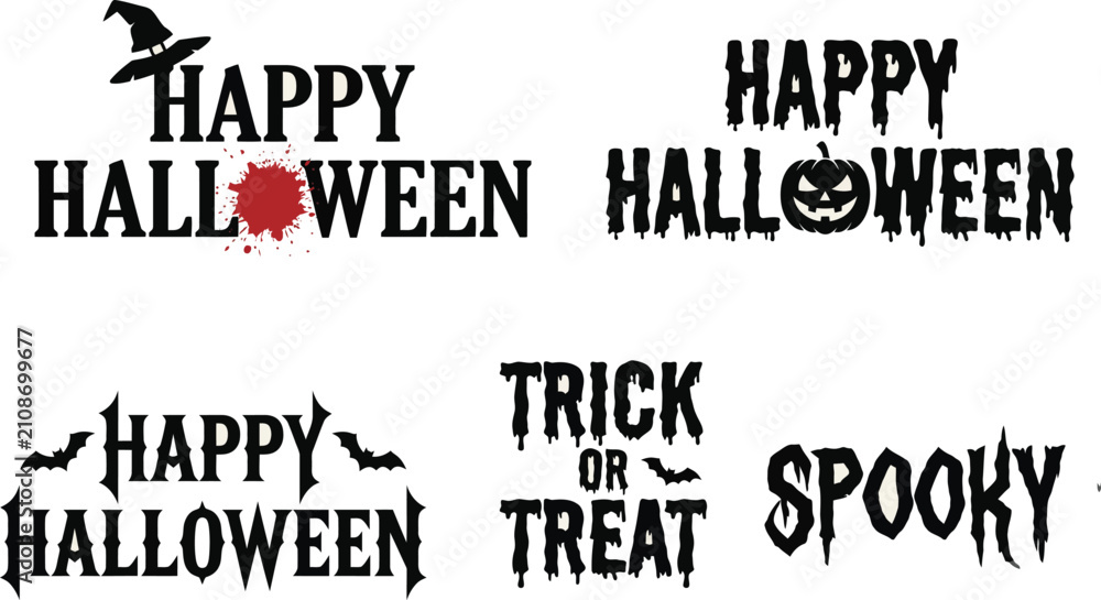 Fototapeta premium Halloween typographic designs with spooky elements black on white background