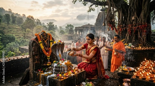 Hindu woman pouring fresh milk onto sacred stone cobra statue, celebrating traditional nag panchami festival inside ancient forest temple courtyard filled with burning clay diya lamp.