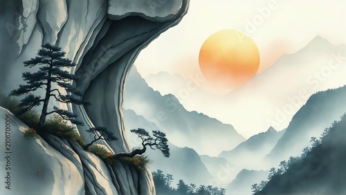 Misty mountain landscape with pine trees growing on rocky cliffs, distant peaks fading into fog, and a glowing golden sun above a peaceful valley.