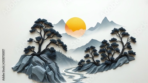 Misty mountain landscape with pine trees growing on rocky cliffs, distant peaks fading into fog, and a glowing golden sun above a peaceful valley.