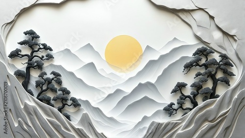 Misty mountain landscape with pine trees growing on rocky cliffs, distant peaks fading into fog, and a glowing golden sun above a peaceful valley.