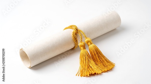 Rolled graduation diploma tied with golden tassel on white background for academic achievement concept