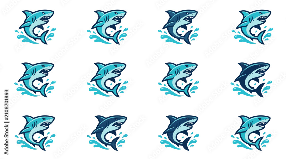 Fototapeta premium Cartoon blue shark mascot stickers jumping in water.