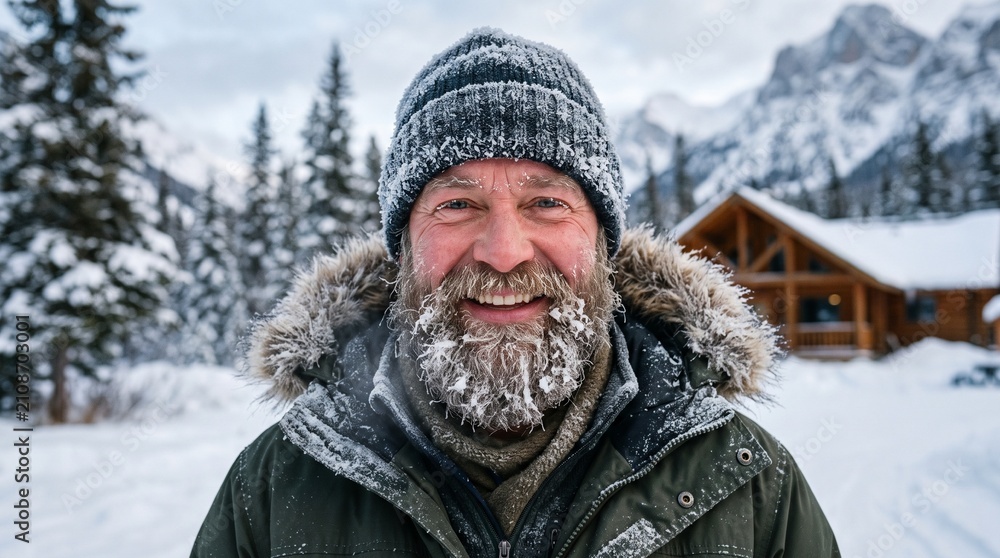 Fototapeta premium Joyful Man with Frosty Beard and Winter Hat in Snowy Landscape Near Log Cabin