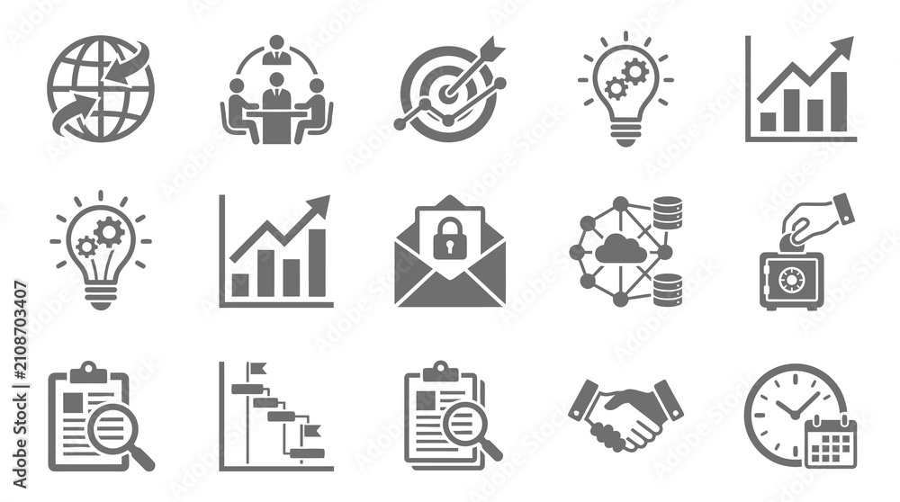 Fototapeta premium Gray business strategy and productivity icon collection