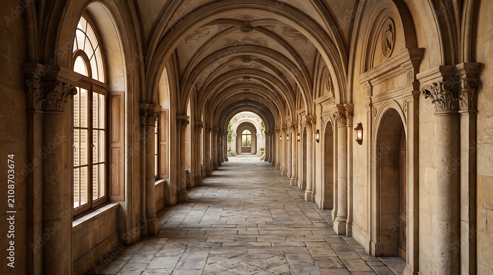Obraz premium Long, vaulted stone corridor with arched windows and chandeliers background
