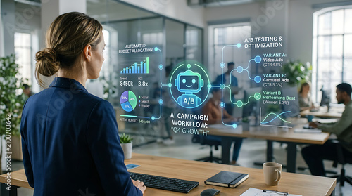 Ai agent, workflow - Businesswoman analyzing a futuristic AI agent workflow for campaign growth and budget optimization using a holographic interface in a busy office