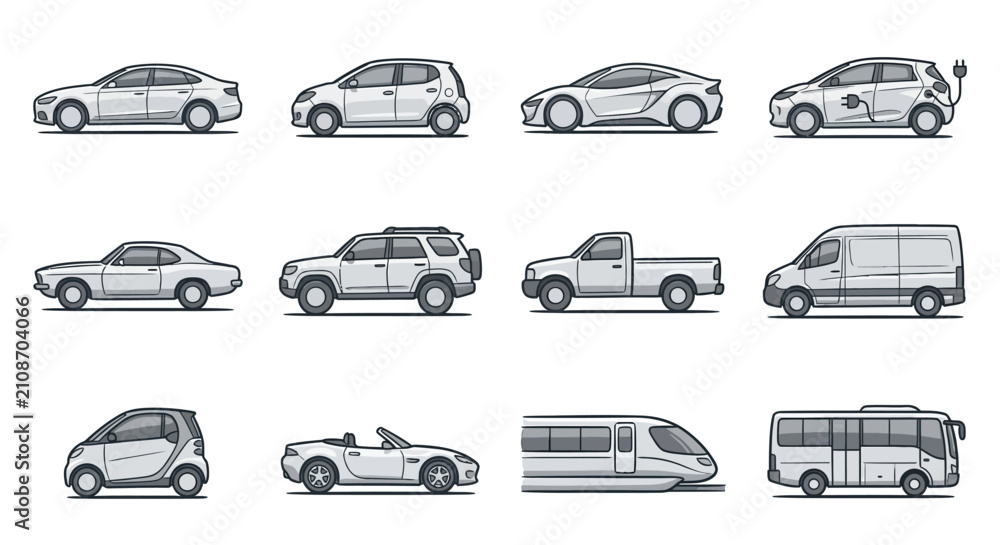Obraz premium Modern urban transportation icon set with cars and transit.