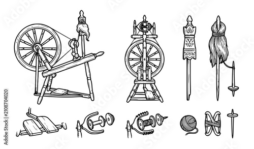Obraz na płótnie Black and White Traditional Slavic Wooden Spinning Wheel Vector Illustration for