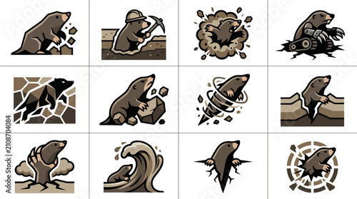 Cuadro en lienzo Mole character icons digging and working in dirt.