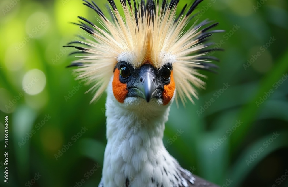 Fototapeta premium Close up portrait of secretary bird with unique yellow crest feathers, orange patches around eyes. Tropical predator raptor looks straight into camera lens. Wild avian creature in natural green