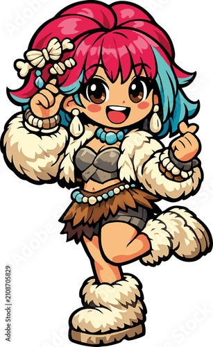 Cute Prehistoric Stone Age Cartoon Cavegirl Mascot Vector Character Illustration | Editable AI Illustrator