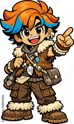 Cute Prehistoric Stone Age Cartoon Caveman Boy Mascot Vector Character Illustration | Editable AI Illustrator
