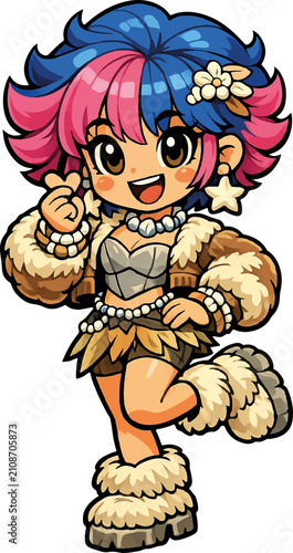 Cute Prehistoric Stone Age Cartoon Cavegirl Mascot Vector Character Illustration | Editable AI Illustrator
