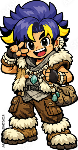 Cute Prehistoric Stone Age Cartoon Caveman Boy Mascot Vector Character Illustration | Editable AI Illustrator