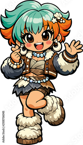 Cute Prehistoric Stone Age Cartoon Cavegirl Mascot Vector Character Illustration | Editable AI Illustrator