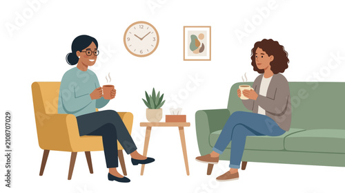Two women enjoying hot beverages in a cozy living room setting with modern decor and a clock on the wall