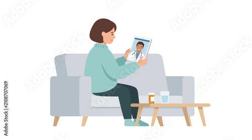 Woman consults with doctor online via tablet while sitting on couch telemedicine concept