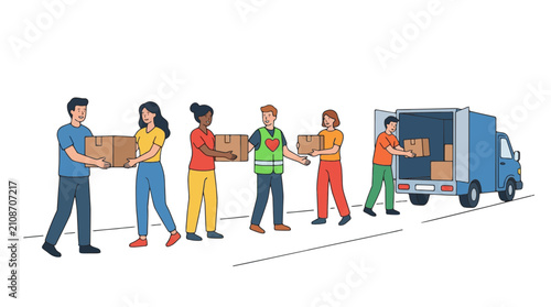 Diverse group of volunteers loading boxes into a delivery truck for charitable donation and community support