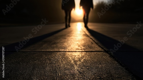 Two silhouettes walk away from the camera into a golden sunset