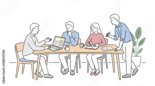 Minimalist business team meeting illustration, diverse colleagues collaborating at office desk, professional group working on laptop project