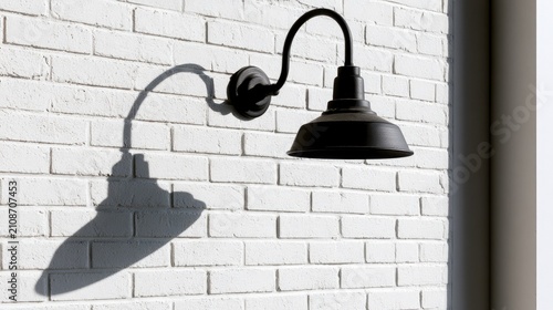 Black gooseneck barn light casts a long shadow on a white brick wall