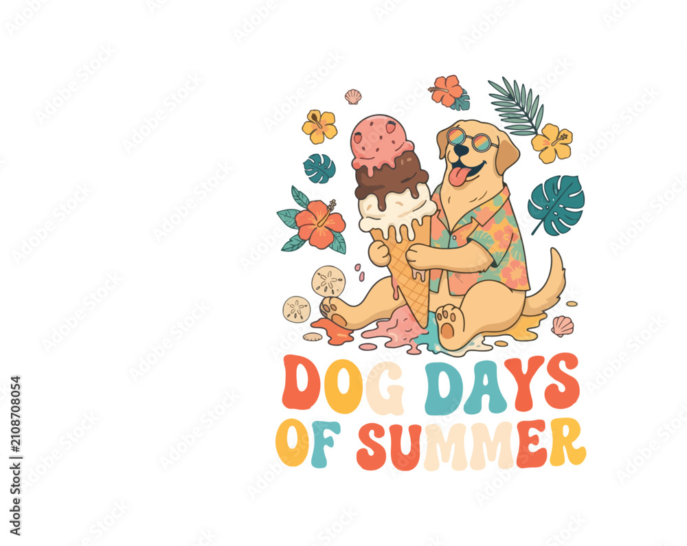 Fototapeta premium Retro Dog Days of Summer Vector Illustration with Cute Labrador Dog Eating Giant Ice Cream Cone